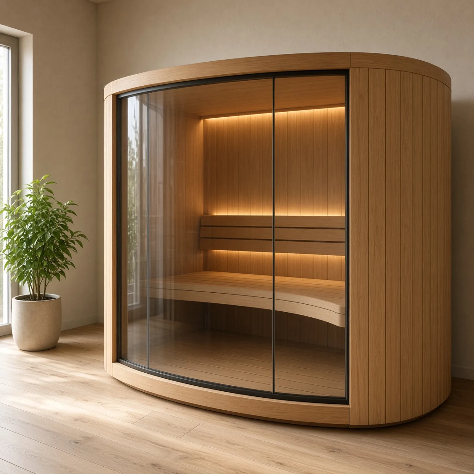 Aurora Panorama Mini Sauna: geschwungene Holzkabine mit breiter Glasfront und warmem Innenlicht in einem Wellnessraum