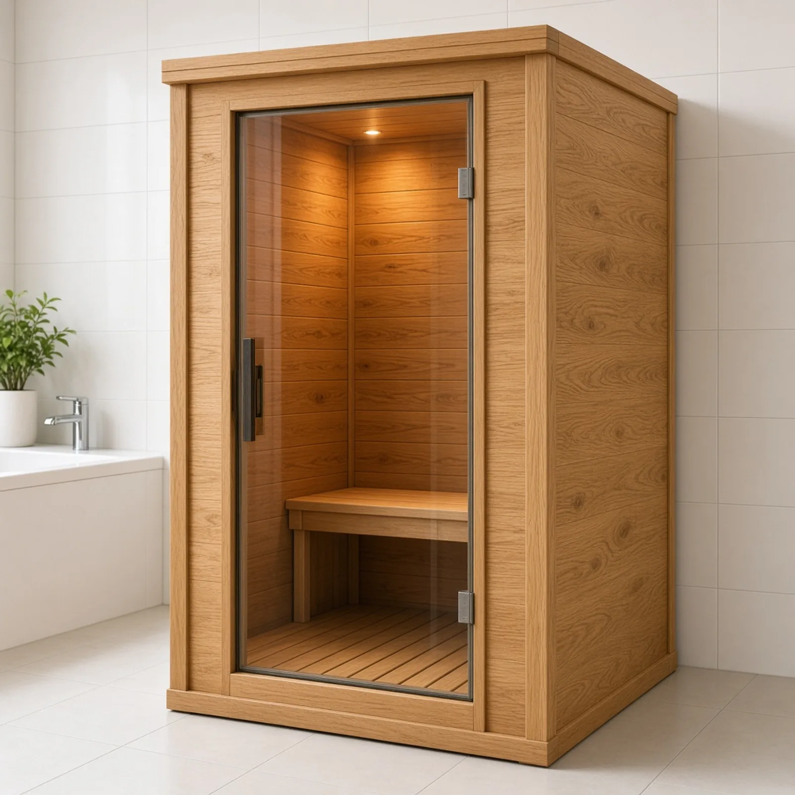 Eichenholz Mini Sauna: kompakte Holzkabine mit großer Glastür und warmer Innenbeleuchtung in einem hellen Bad