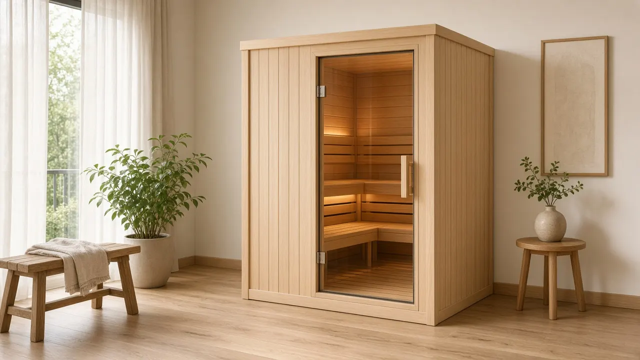 Helle Holz-Mini-Sauna mit warmem Innenlicht in einem ruhigen Wohnraum