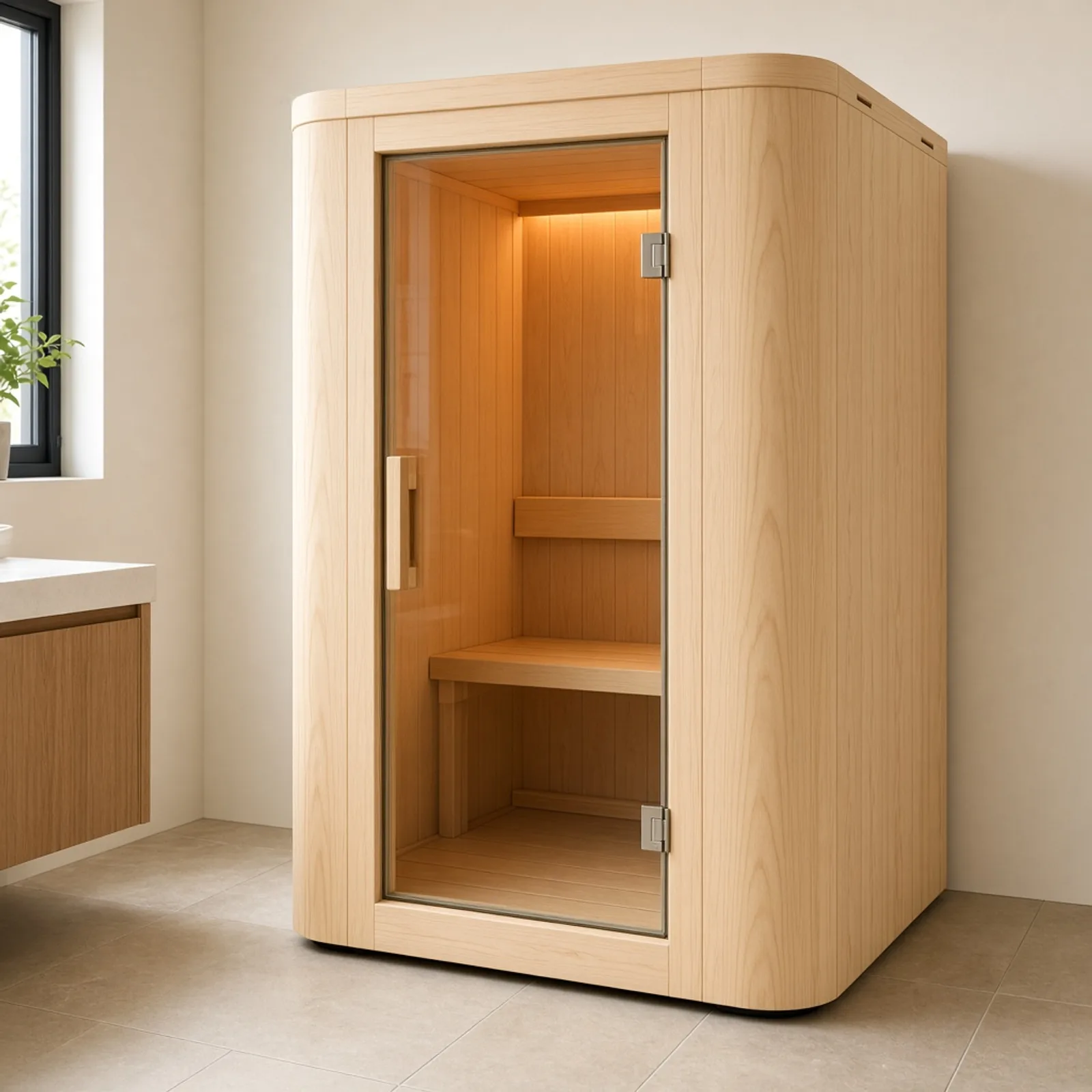 Kompakt Sauna One: helle, gerundete Holz-Mini-Sauna mit Glastür in einem kleinen Badezimmer