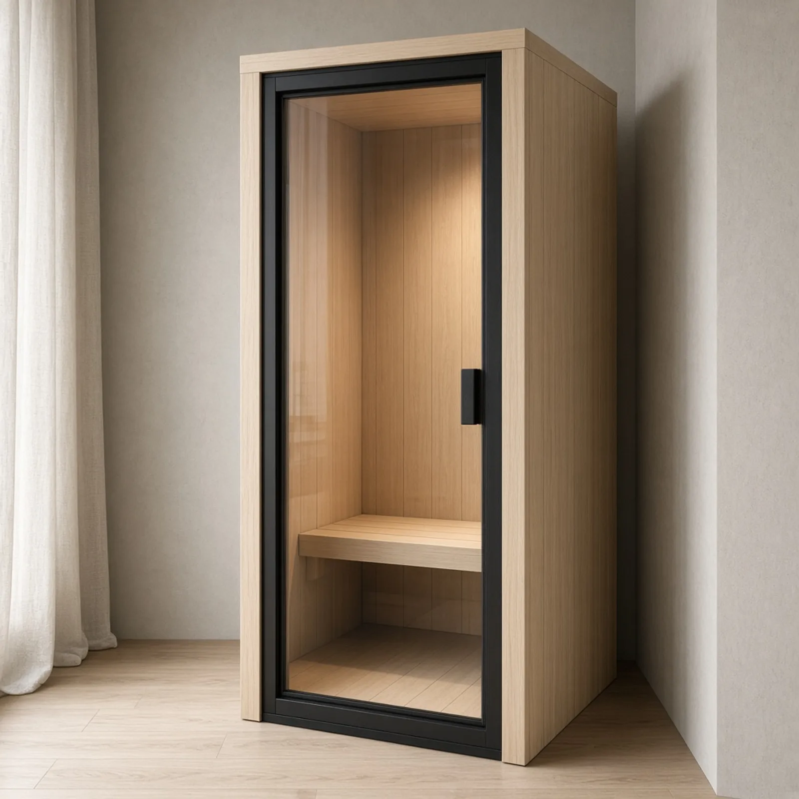 Nordik Mini Sauna: schmale helle Kabine mit dunklem Glasrahmen in einem ruhigen Wellnessraum