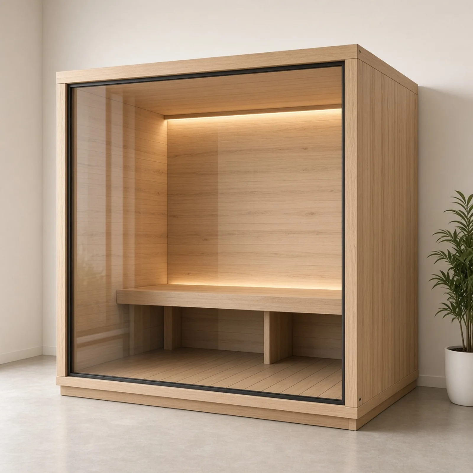 Panorama Mini Sauna: breite Kabine mit geschlossener Glasfront in einem Wellnessraum