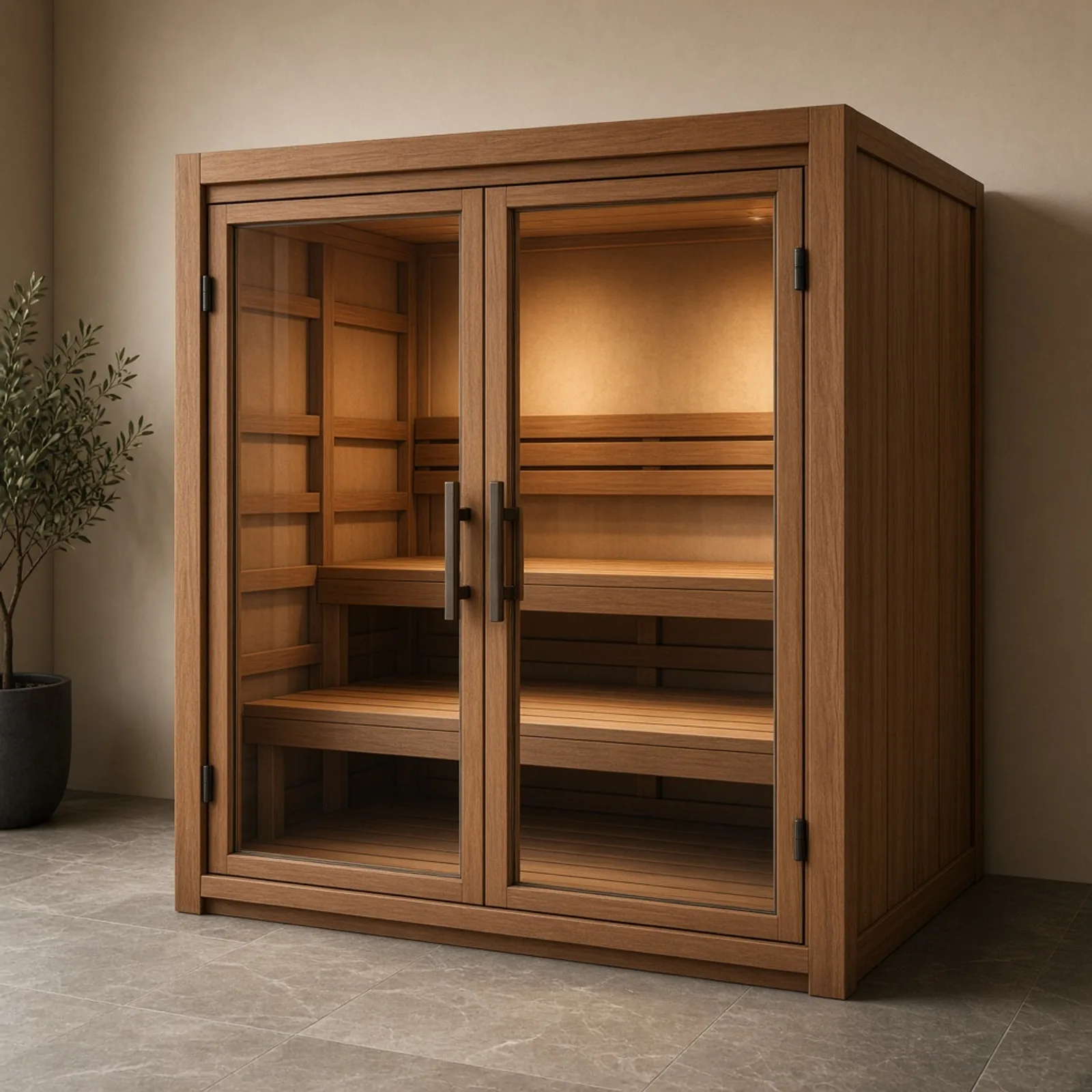 Premium Relax Sauna: Holzkabine mit großer zweiflügeliger Glasfront und zwei Sitzebenen